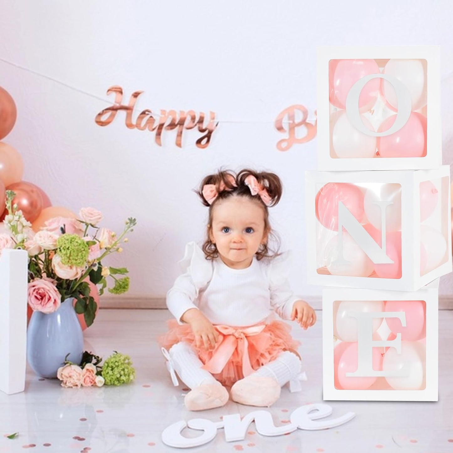 Toniful 1St Birthday Party Supplies Macaron Pink White Balloon Box With Letters One,Baby Girl Theme One Year Old Birthday Party