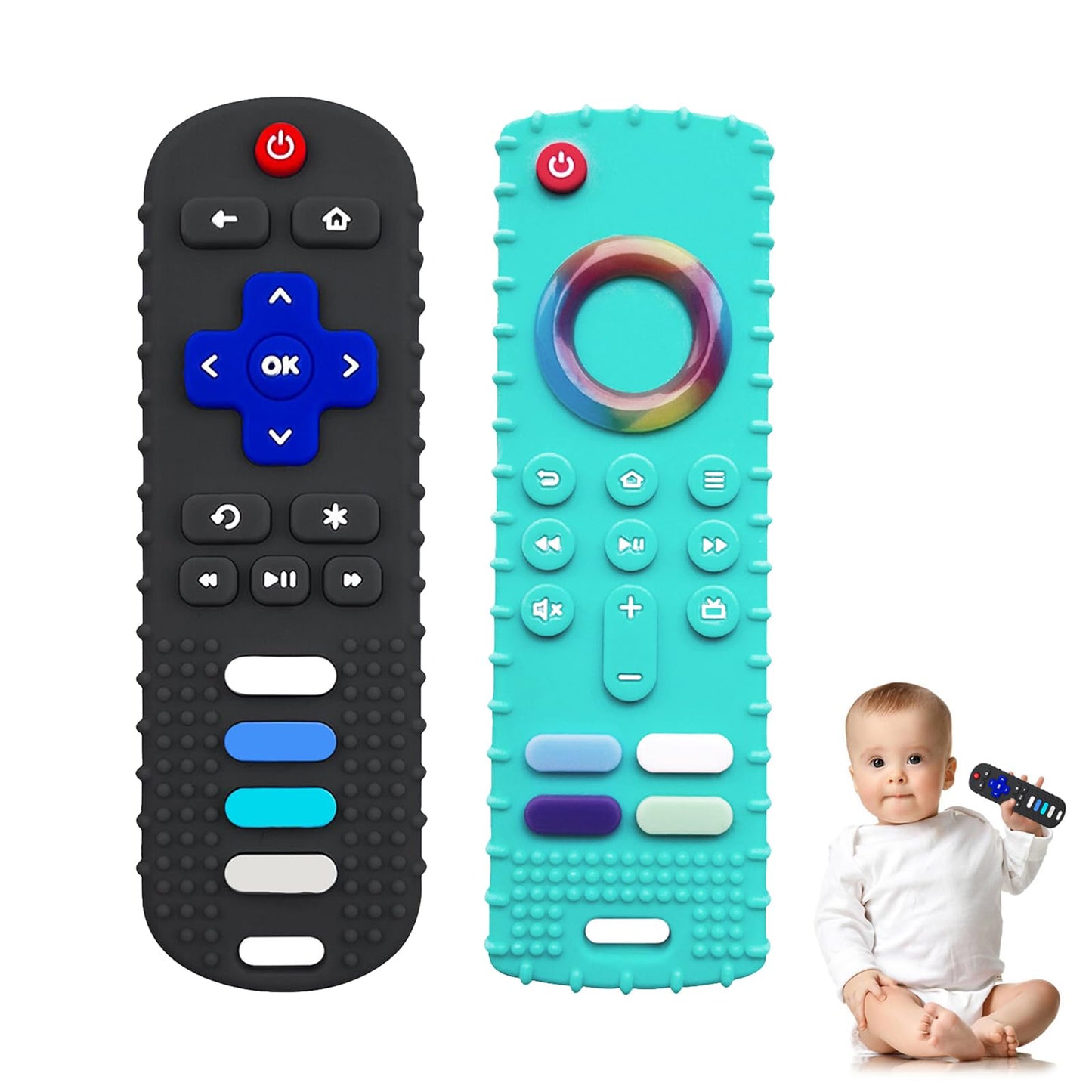 Yapromo Baby Teething Toys,Reomte Teether Toys, Silicone Chew Toy For Babies 18+ Months, Remote Control Shape Teething Toys, Early Educational Toy Bpa Free & Refrigerator Safe (Black01&Green02)
