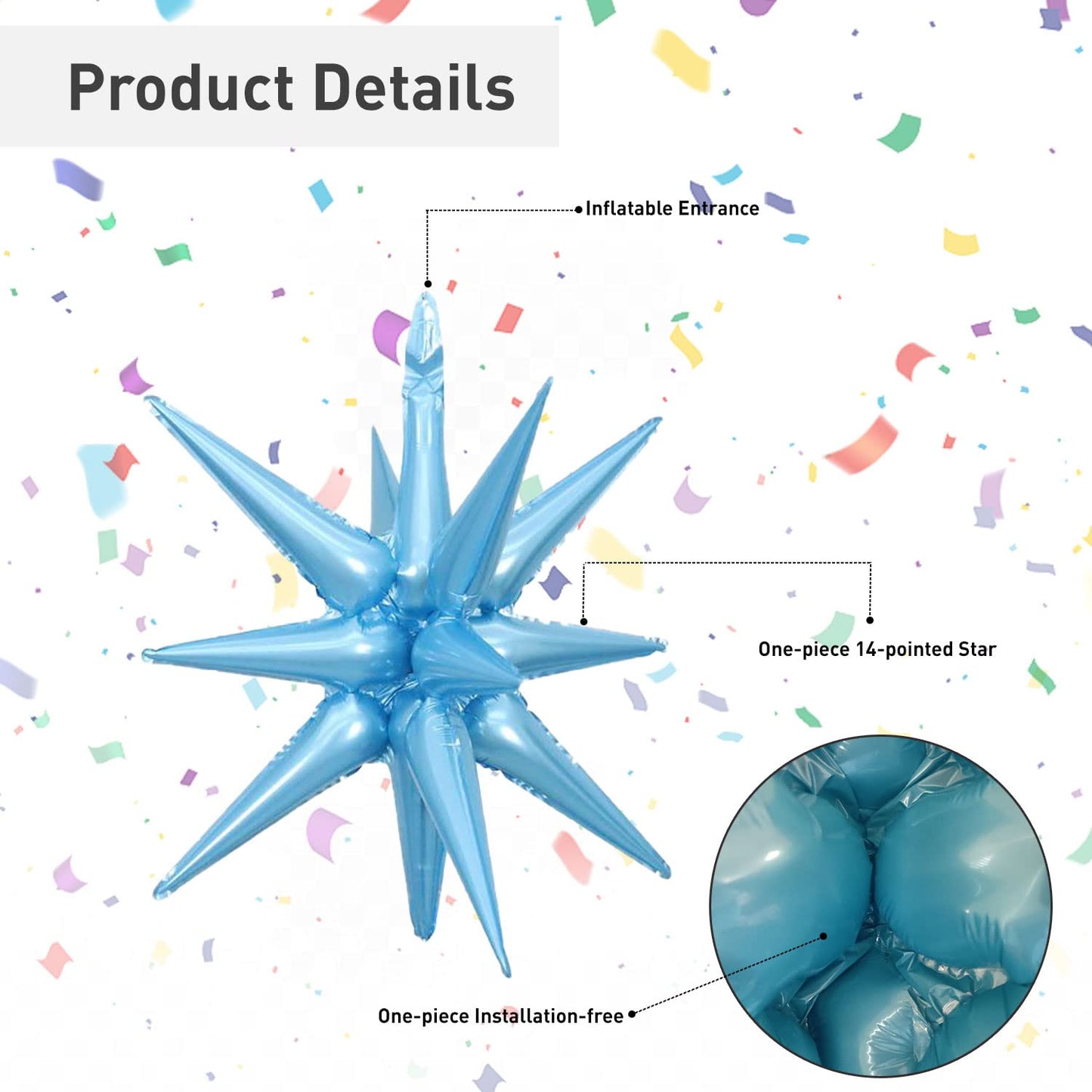 6 Pcs Light Blue Star Foil Balloons One-Piece 14-Pointed Star Balloons 4D Starburst Cone Mylar Balloons 22Inch Christmas Birthda