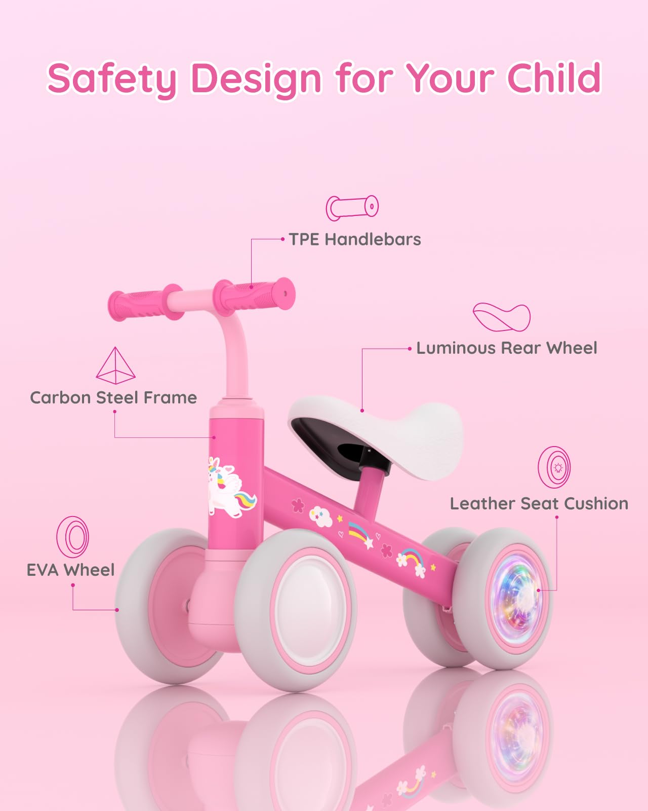 Lilian&Gema Colorful Lighting Baby Balance Bike For 1 Year Old Boys Girls, 12-24 Months Toddler Balance Bike, No Pedal 4 Wheels