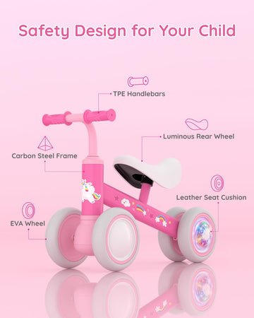 Lilian&Gema Colorful Lighting Baby Balance Bike For 1 Year Old Boys Girls, 12-24 Months Toddler Balance Bike, No Pedal 4 Wheels