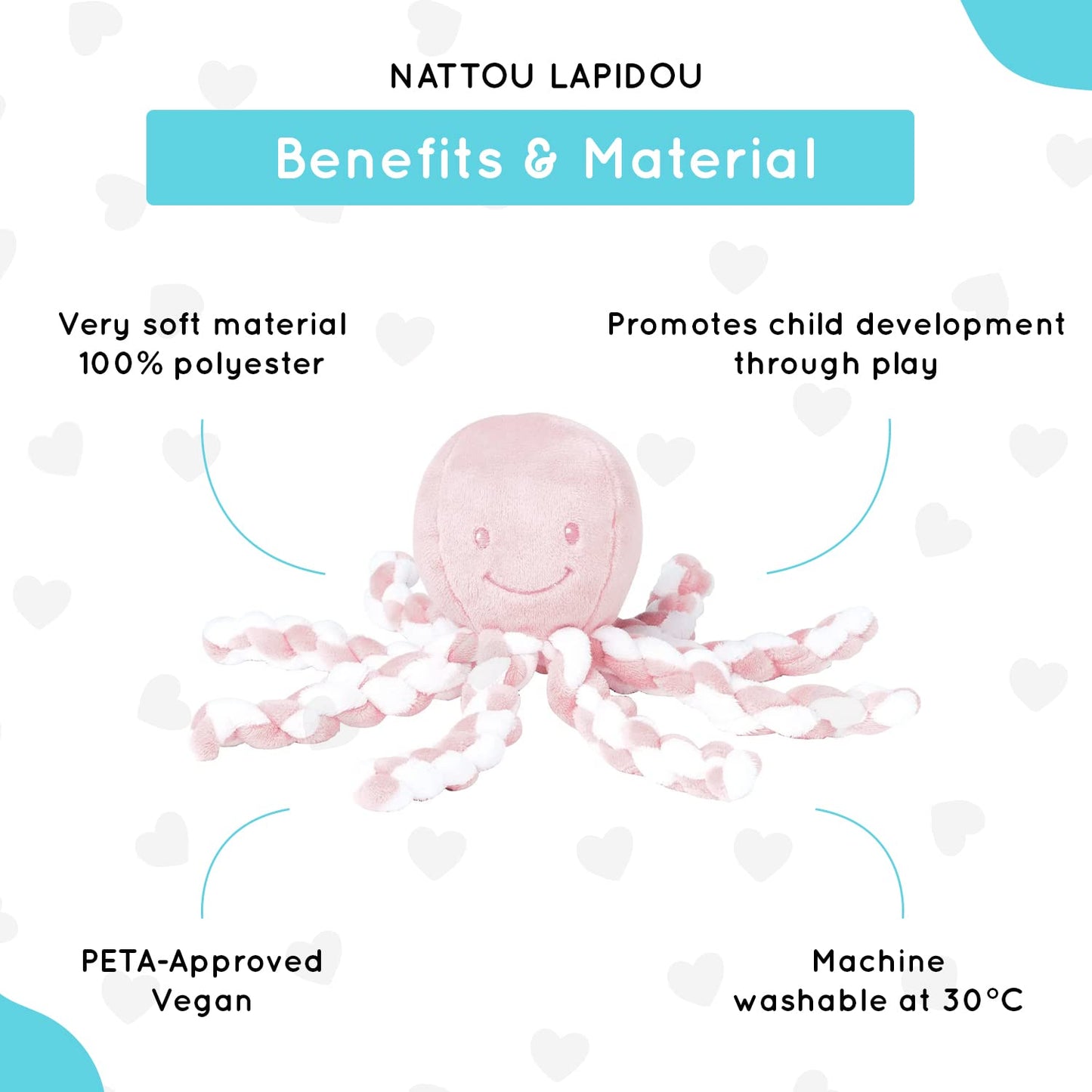 Nattou Lapidou - Piu Piu Octopus Plush Toy For Newborn Babies, Comforting, Soothes For Sleep - Light Pink & White