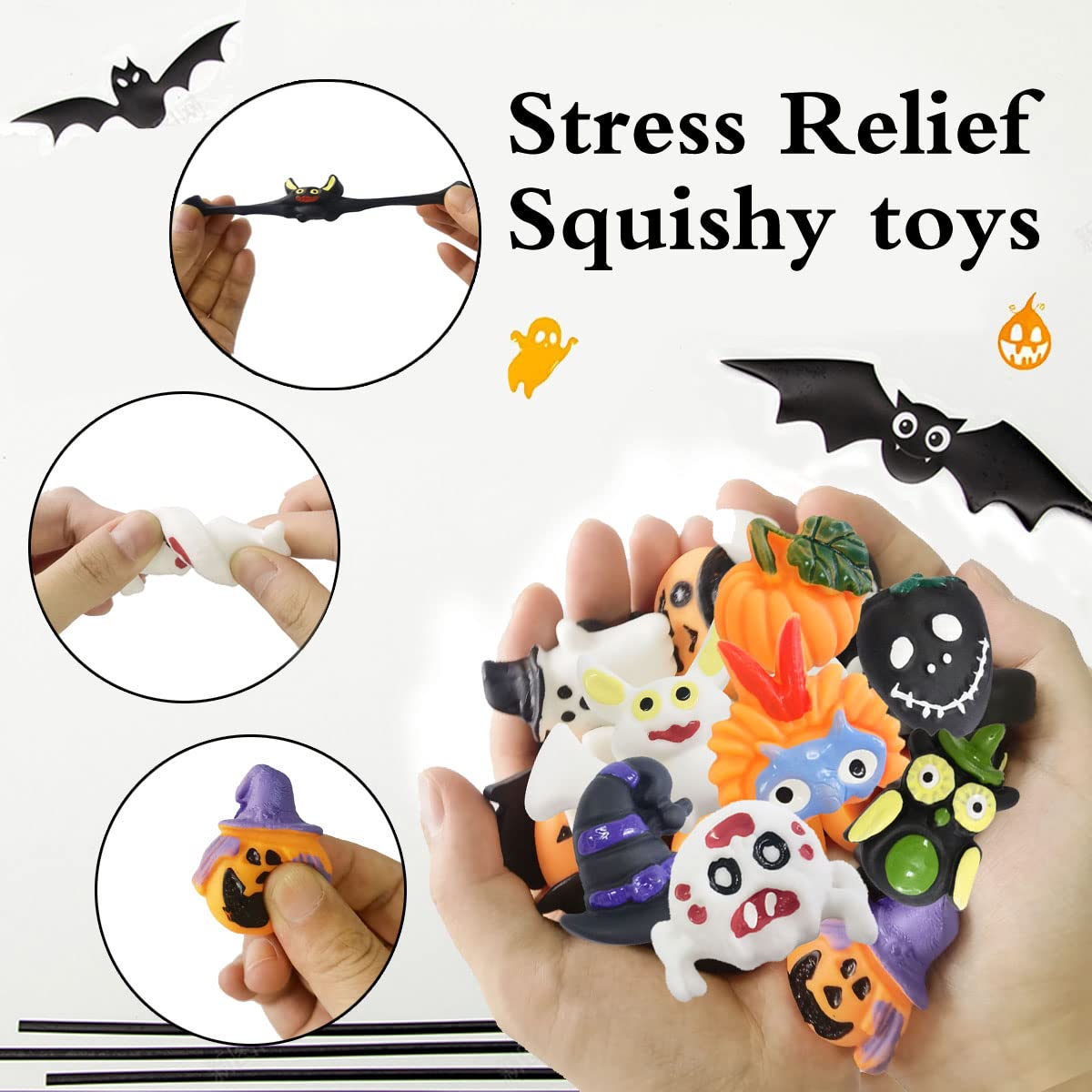 60 Pcs Halloween Mochi Squishy Toys,Mini Cute Squeeze Toy Stress Reliever Anxiety Packs For Kid (Halloween) (Halloween)