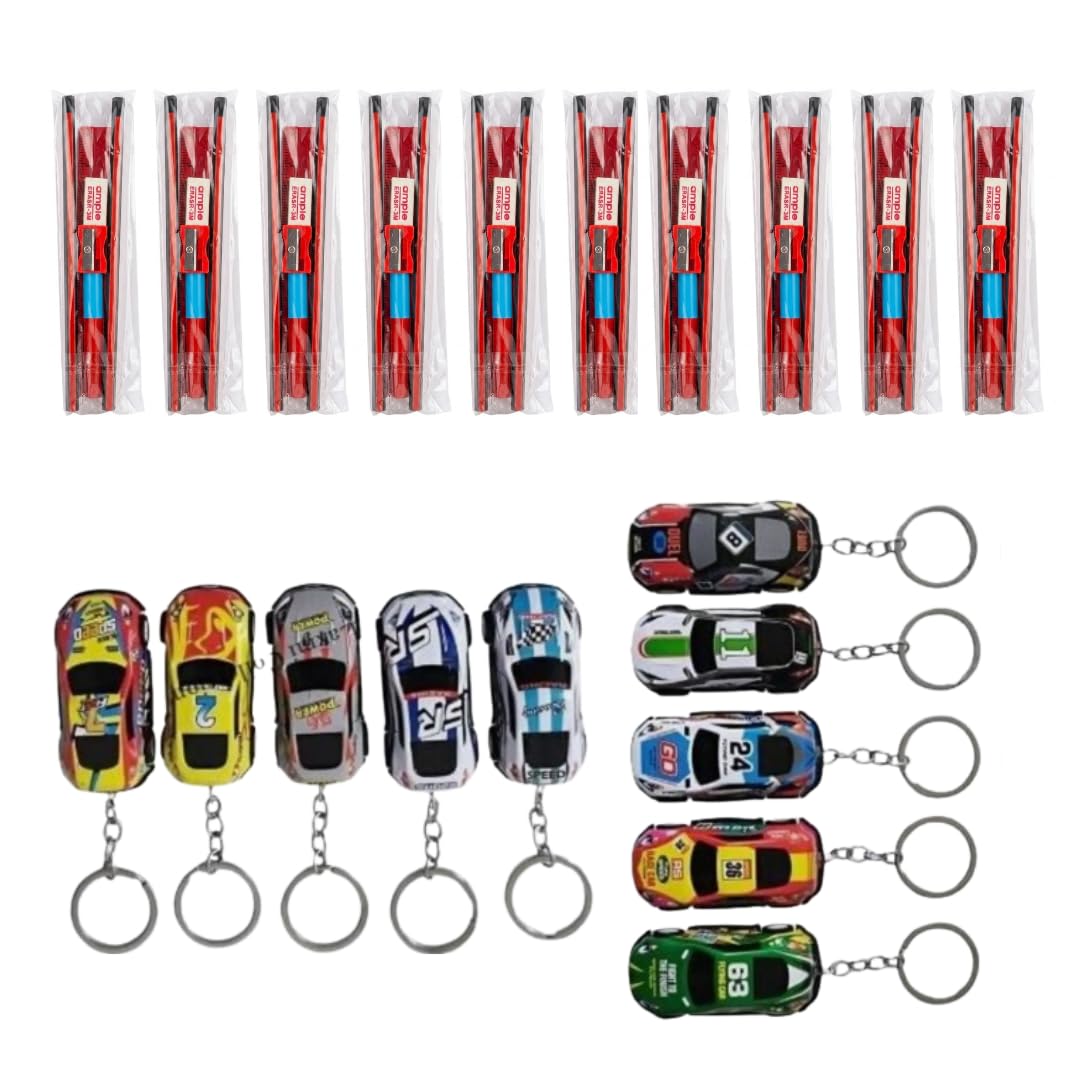 10 Car Keychains + 10 Kids Stationery Set Combo | Return Gift Pack for Kids | Includes 2 Pencils, 2 Erasers, Sharpener & Scale E