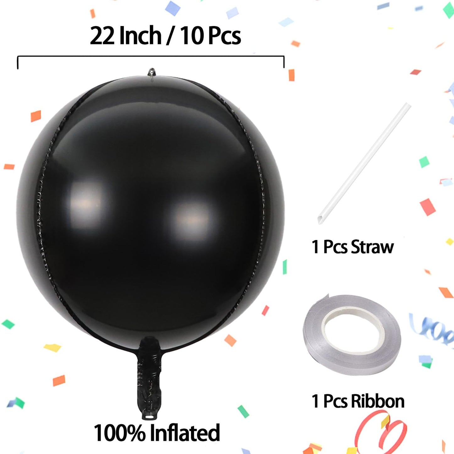 Kalor 10 Pcs 22 Inch Black Mylar Balloons, Large 4D Giant Round Foil Balloon Big Mirror Metallic Balloons For Birthday Party Baby Shower Gender Reveal Supplies