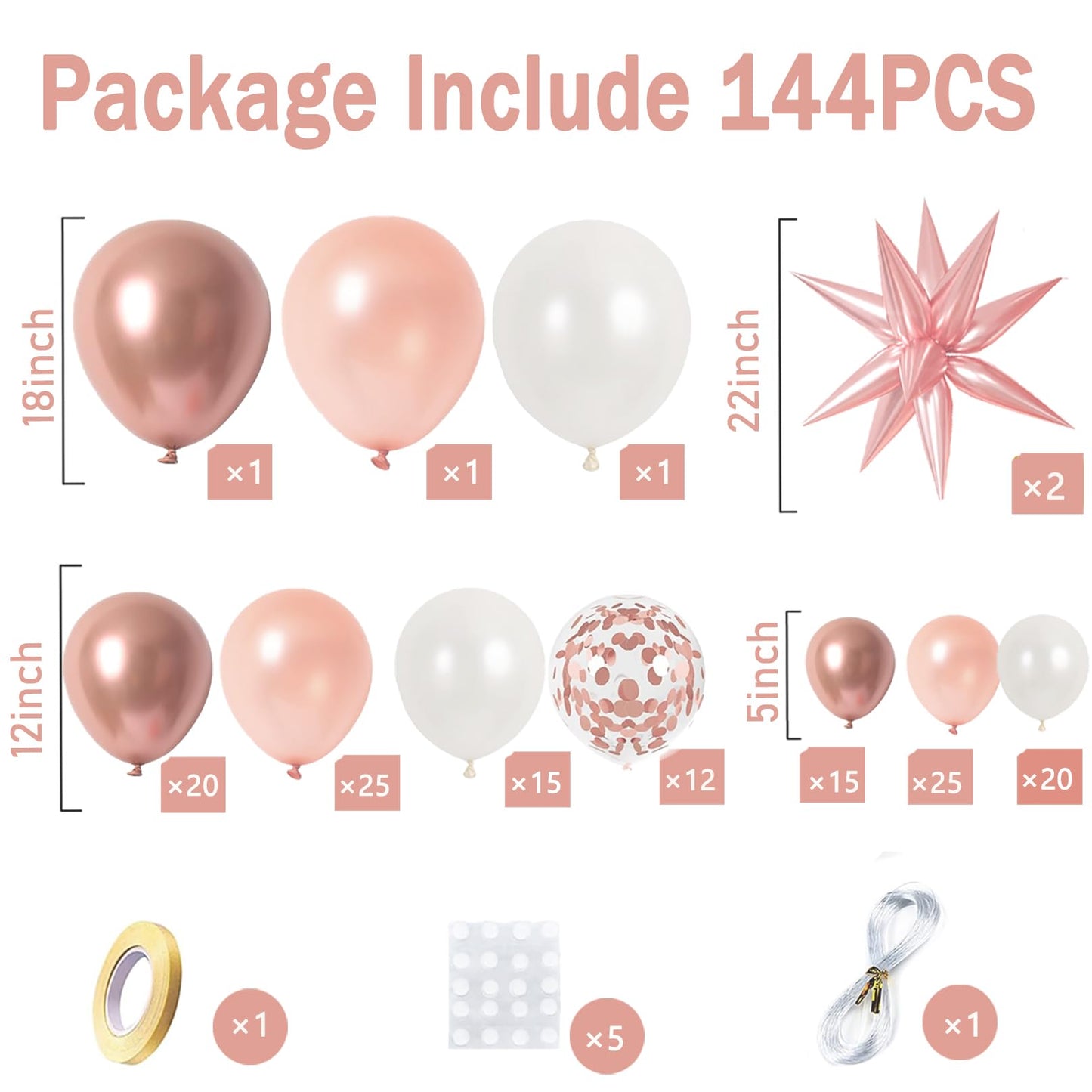 Rose Gold Balloons Garland Arch Kit,144Pcs Metallic Rose Gold Confetti Balloons For Bachelorette Bridal Shower Wedding Graduatio