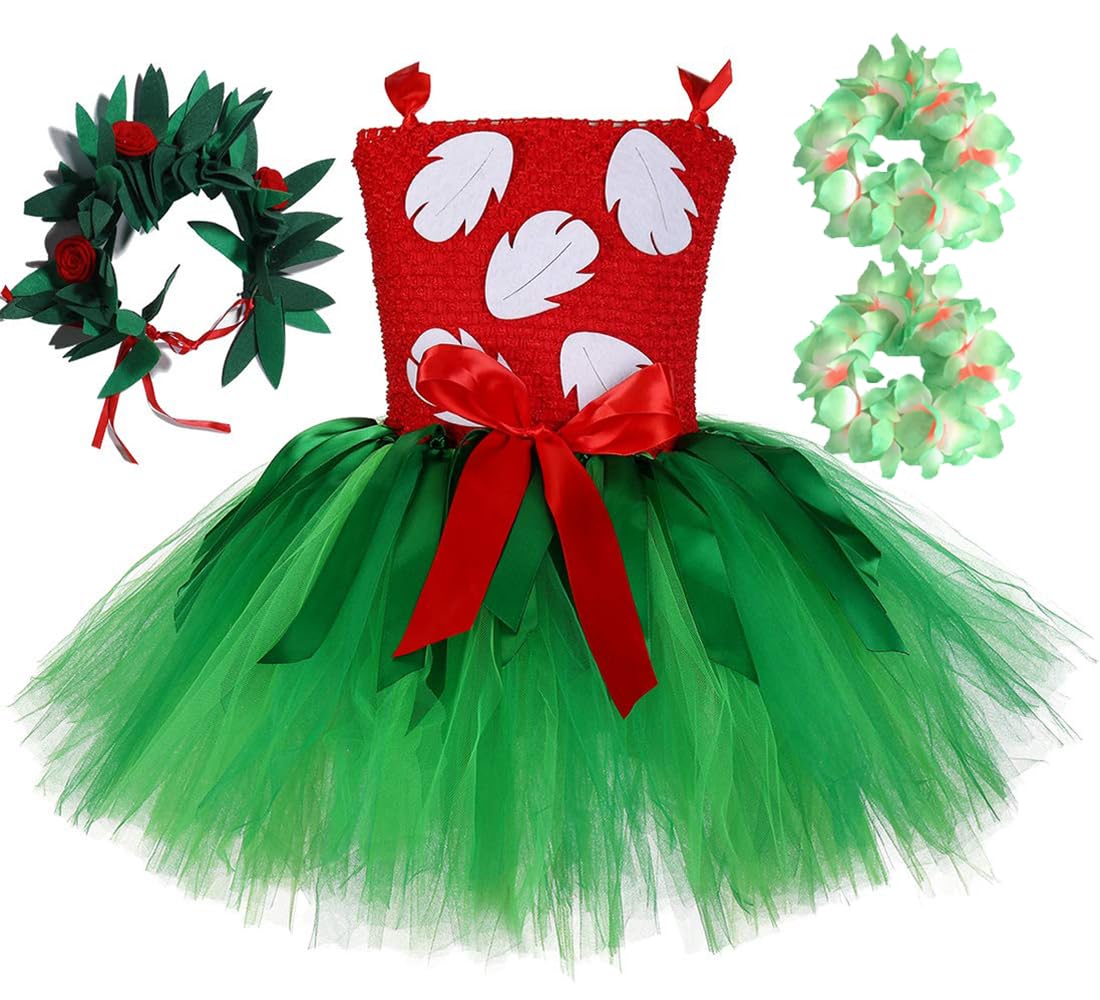 Tutu Dreams Summer Hawaiian Red Green Tutu Dress for Girls 1-12Y with Tropical Fern Leaf Headband Luau Outfits Birthday Party Gifts