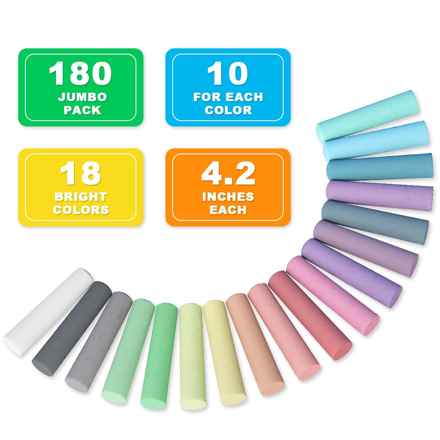 feela Sidewalk Chalk Set - 180 Jumbo Pieces, 18 Colors, Calcium Carbonate, Ideal for Kids, Family, Schools, Driveways, and Playgrounds
