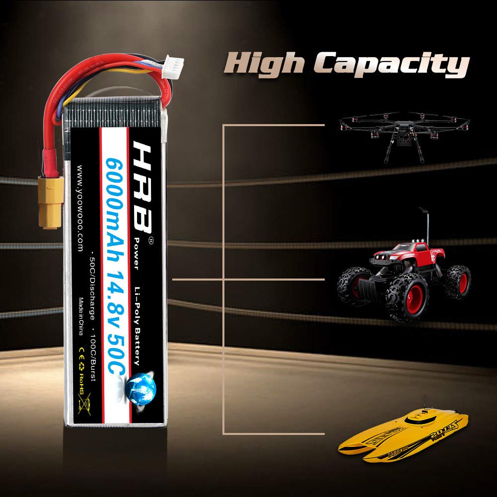 HRB 14.8V 6000mAh 4S Lipo Battery Pack 50C with XT60 Plug for RC Airplane, RC Helicopter, RC Car, RC Truck, RC Boat