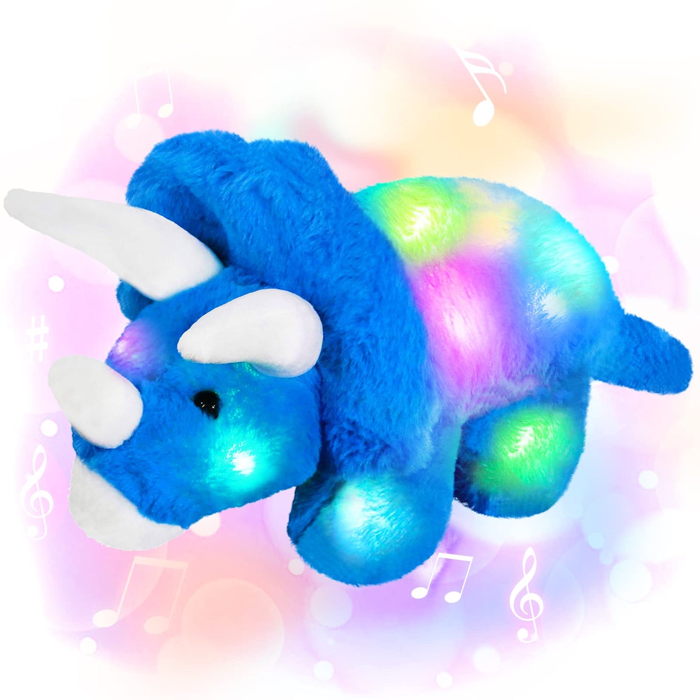 Glow Guards Musical Triceratops Plush Toy - 16'' LED Night Light, Soft Blue Dinosaur for Kids, Ideal Birthday Gift