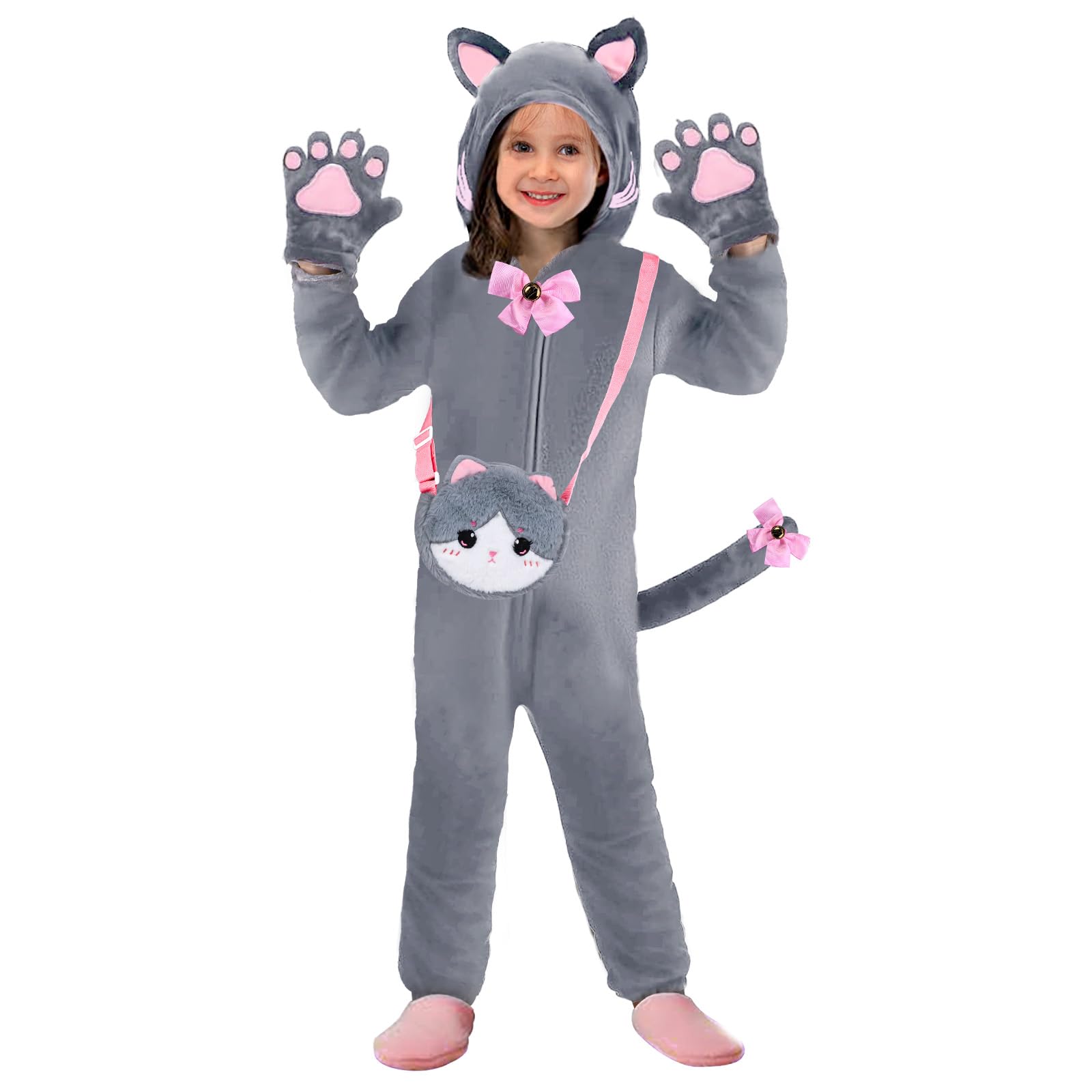 Gifts2U Halloween Cat Costume For Girls, Kids Onesie Costume With Pink Cat Ears, Cat Tail, Paws, Bow Ties And Purse Bag, Gifts For Halloween, Birthday Or Any Costume Occasion (7-8Years)