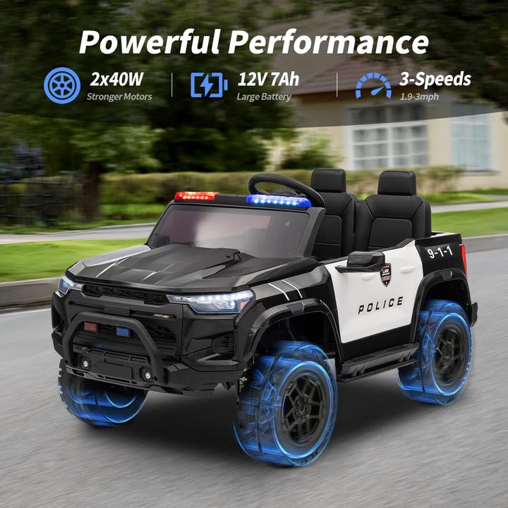 Outfunny 12V Electric Police Car For Kids, 2 Seater Ride On Toy Car For Kids Aged 4-8 With Remote Control, Bluetooth - Black