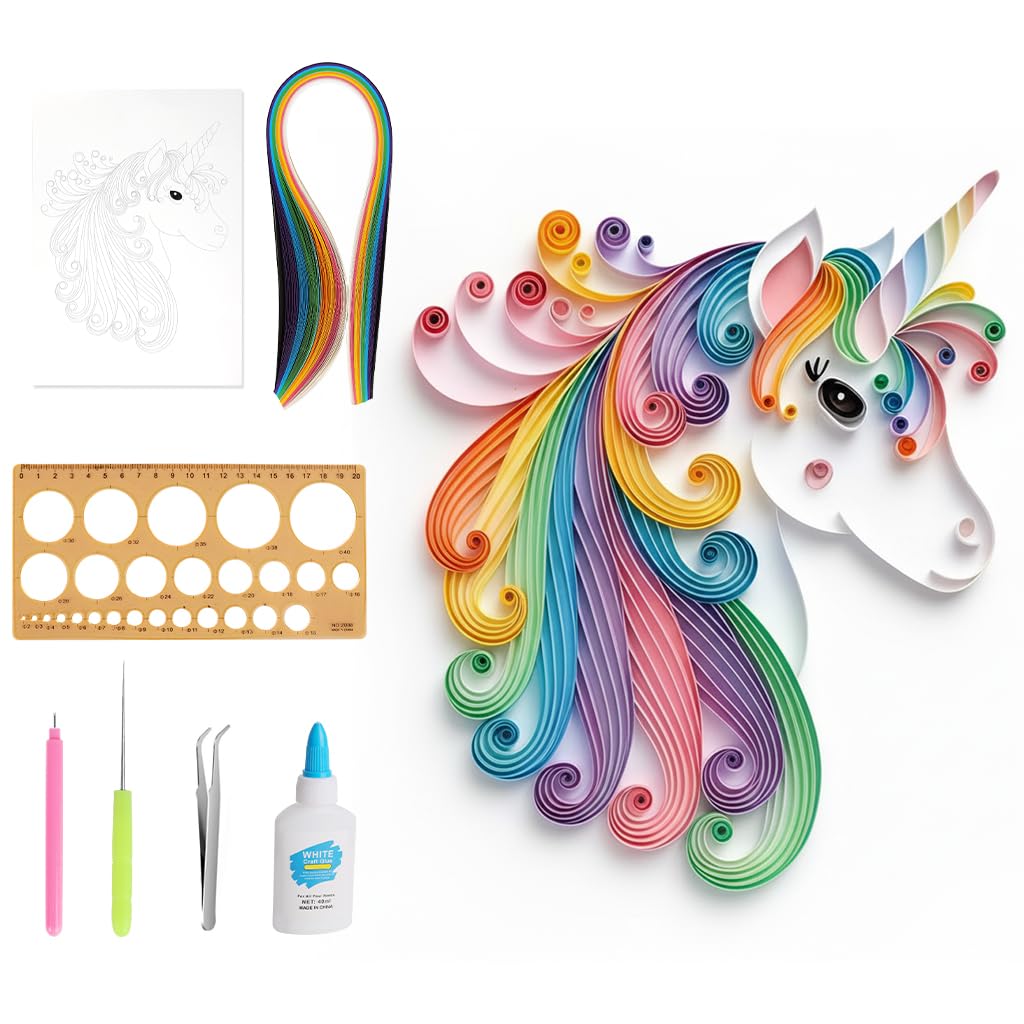 Patpat Diy Unicorn Quilling Art Kit, Diy 3D Rainbow Unicorn Gifts For Girls Quilling Paper Craft Decor, Creative Craft Kit For K