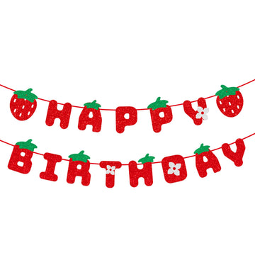 Meetingu Strawberry Happy Birthday Banner, Glitter Strawberry Birthday Party Decoration For Kids Girls Strawberry Birthday Theme