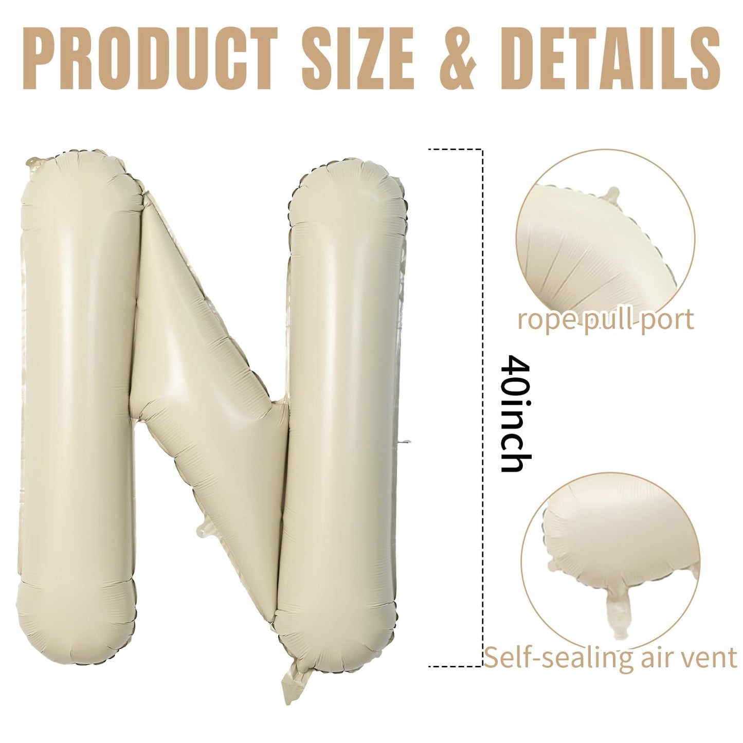 40 Inch Cream Letter Balloons, Large N Letter Balloons Foil Helium Balloons, Mylar Big Single Alphabet N Balloons, Cream Balloon