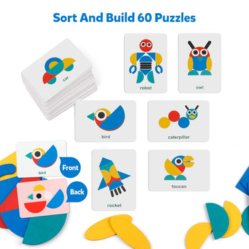 Coogam Wooden Pattern Blocks - Tangram Shape Puzzle Set Color Sorting Stacking Game Wood Animal Jigsaw Preschool Montessori Brain Teaser Stem Gift For 3 4 5 Years Old Toddler Kids (60 Pattern Cards)