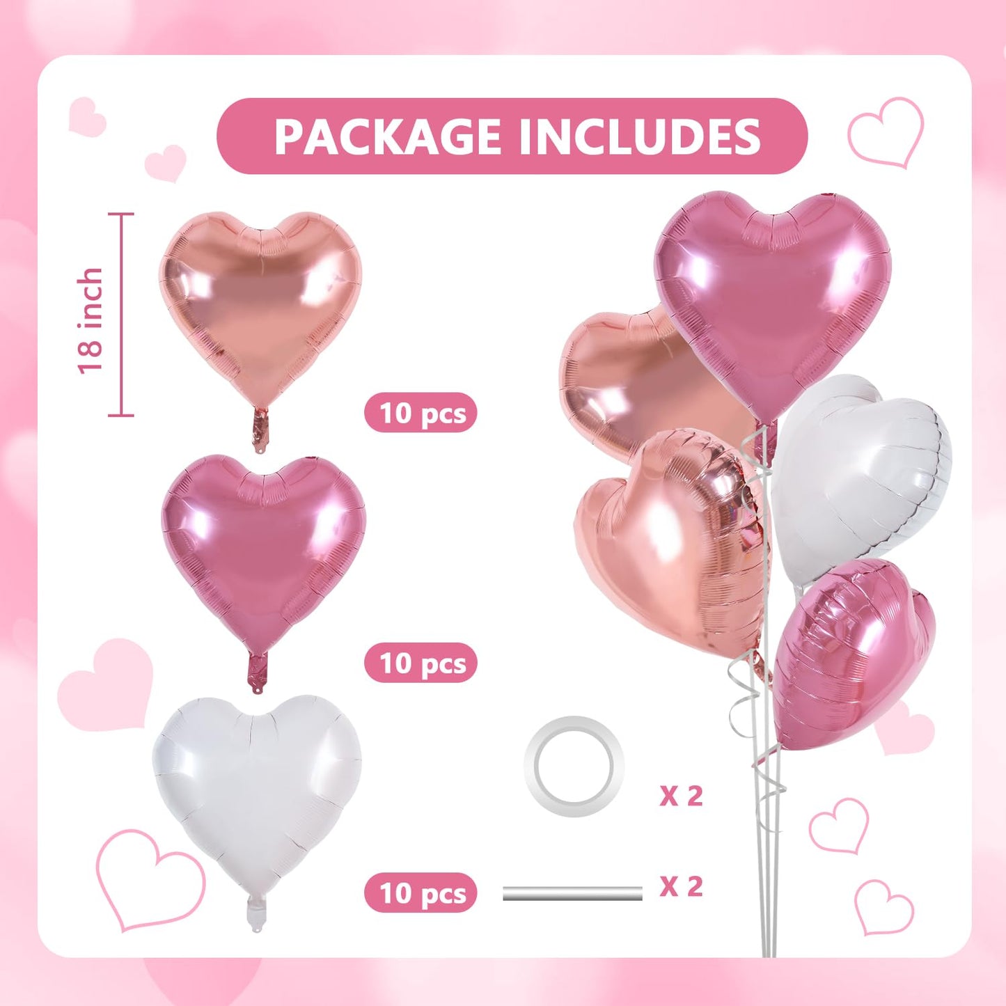 TONIFUL 30Pcs 18 Inch Rose Gold Pink Heart Balloons Pink White Heart Shape Foil Mylar Balloons Decoration for Birthday Valentine