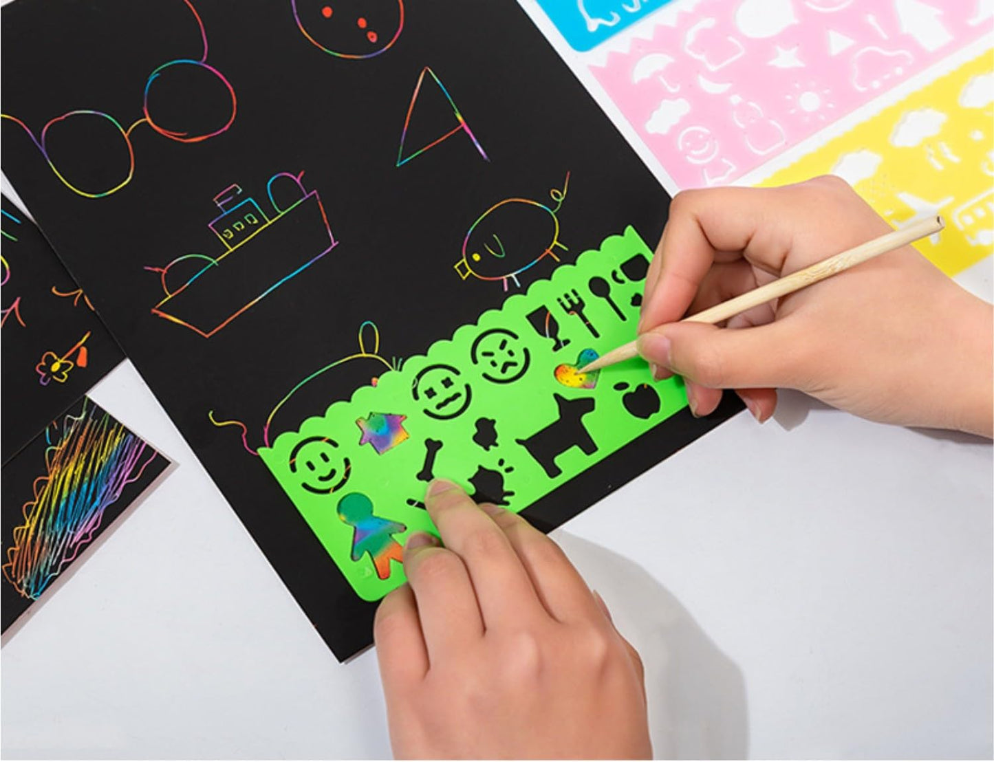 Cityrosy 32 pcs Drawing Stencils,Rainbow Scratch Paper for Stencils, Kids Activity Kit,Suitable for Classroom,Birthday,Party