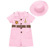 IDOPIP Baby Girls Safari Outfit Jungle One Piece Romper + Hat Jumpsuit Toddler Summer Birthday Party Clothes Set Halloween Overall Shorts Photo Shoot Bodysuit with Belt Pink 0-6 Months
