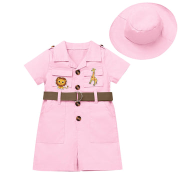 IDOPIP Baby Girls Safari Outfit Jungle One Piece Romper + Hat Jumpsuit Toddler Summer Birthday Party Clothes Set Halloween Overall Shorts Photo Shoot Bodysuit with Belt Pink 2-3 Years