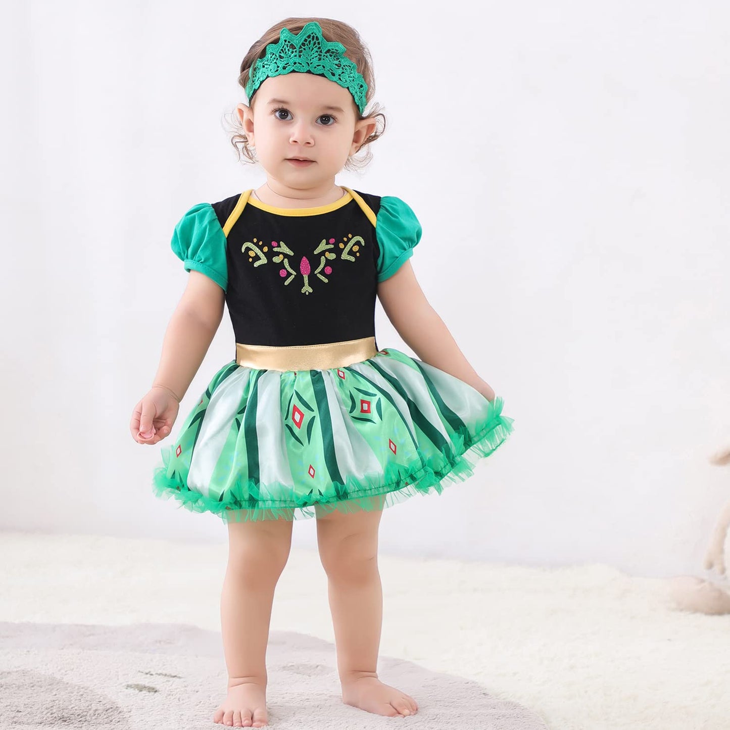 Princess Dresses Baby Girls Costume For Infant Romper Onesie Babysuit Birthday Christmas Halloween With Headband 9-12Months(D36-