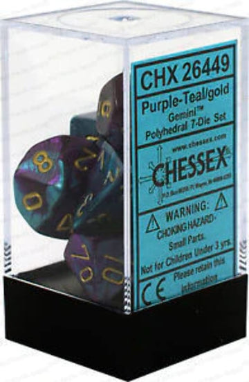 Chessex Manufacturing 26449 Cube Gemini Set Of 7 Dice - Purple & Teal With Gold Numbering