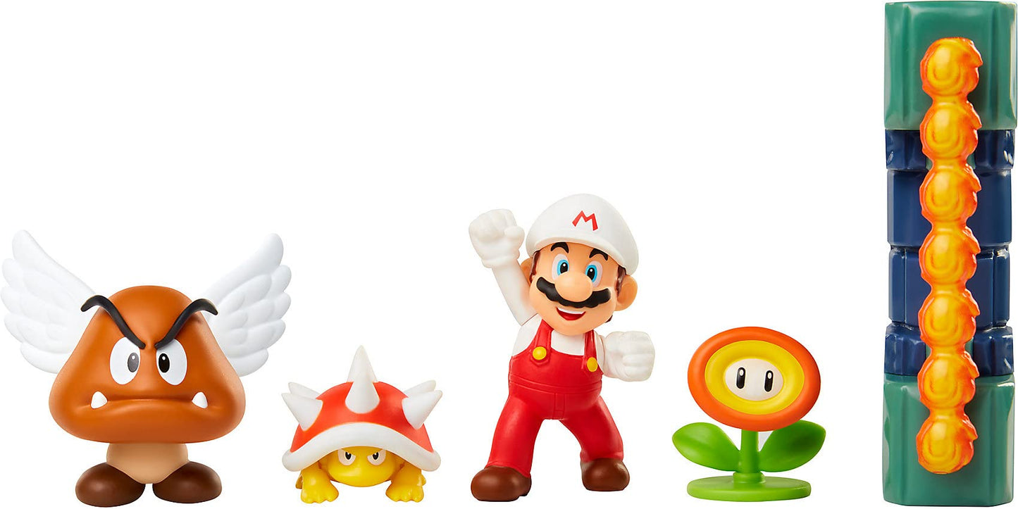 Nintendo Super Mario Lava Castle Diorama Play Set - Fire Mario, Spiny & Para Goomba - 2.5" Plastic Figure with Spinning Fireballs