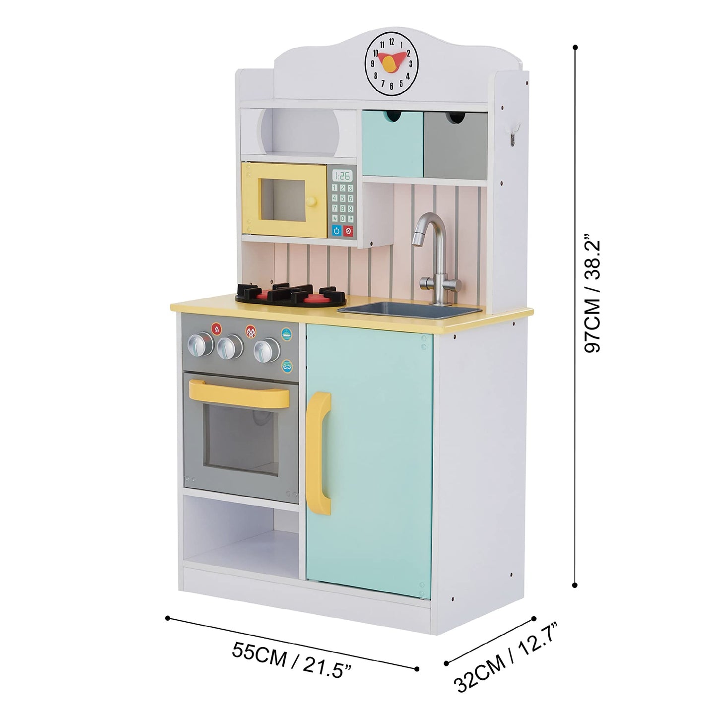 Teamson Kids Wooden Play Kitchen - Interactive, White/Mint Green, 21.5"x11.63"x38", Model TD-11708AR, with Accessories & Storage
