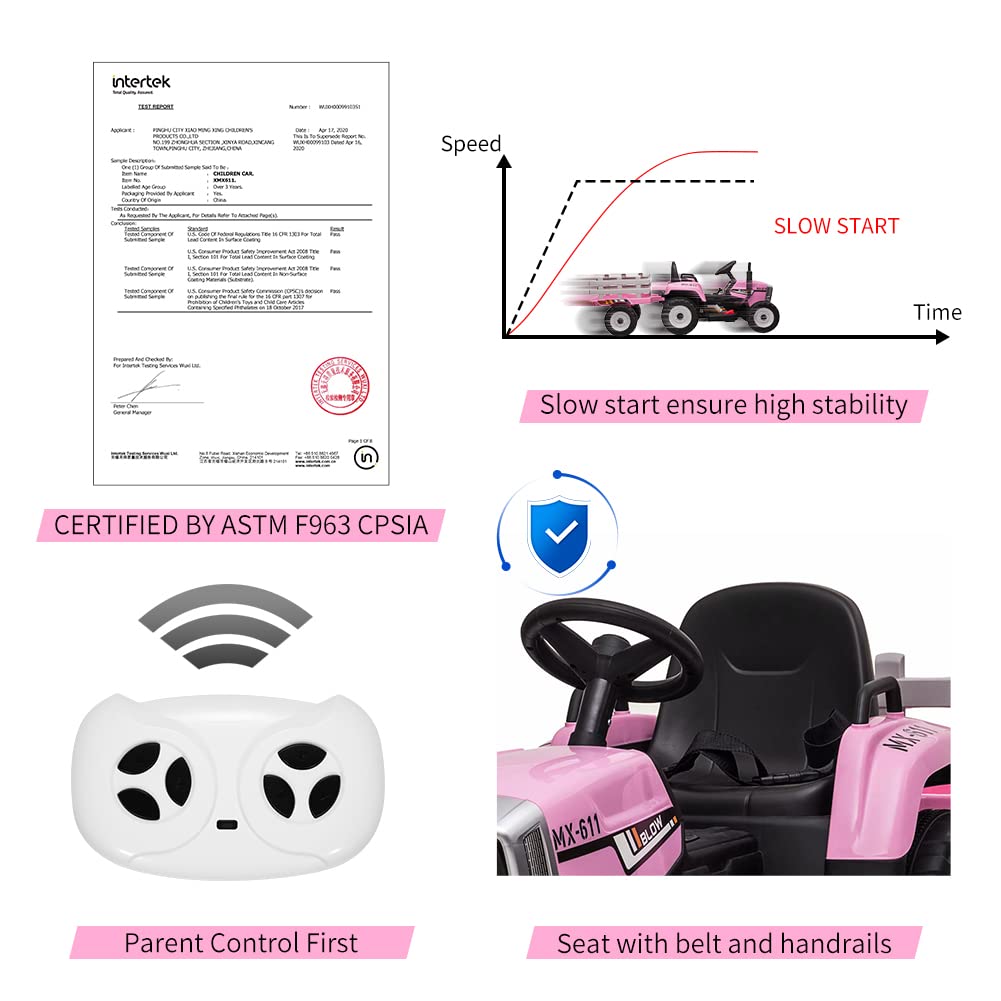 12V Kids Ride On Tractor With Trailer & Remote Control, Toddler Battery Powered Electric Vehicle, Slow Start 7Led Headlights Usb Music Player 2+1 Gear Shift, Pink, 35W/ Eva Tire