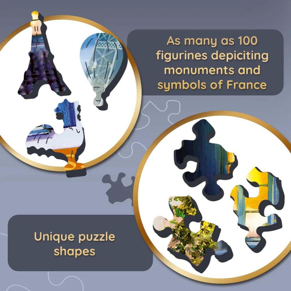 Trefl French Alley 1000 Piece Jigsaw Puzzle Wood Craft 27''X19'' Irregular Shapes, 100 Puzzles Of French Landmarks And Symbols,