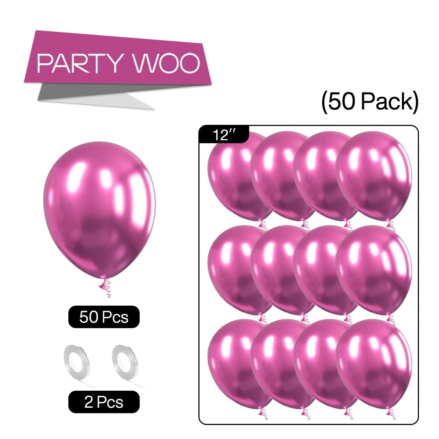 PartyWoo 12 Inch Metallic Magenta Balloons, 50 pcs Rubber Balloons for Party Decorations, Birthday, Baby Shower, Pink-G114