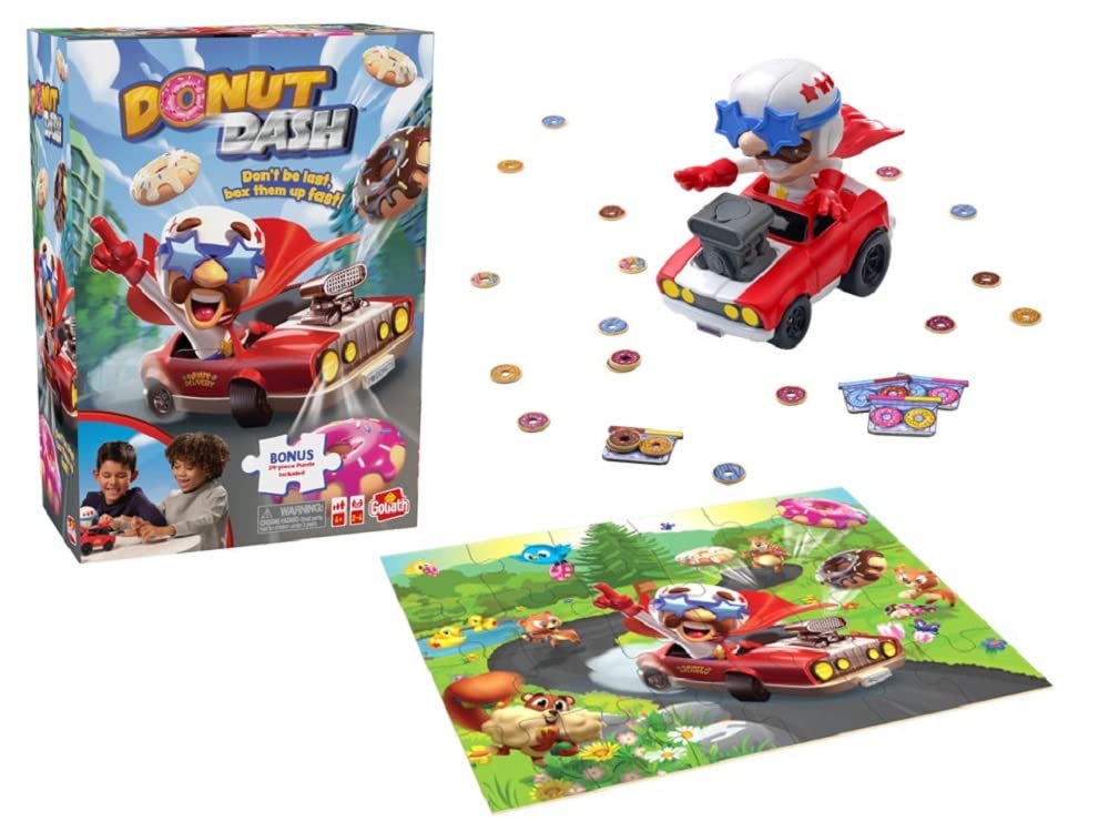 Goliath Donut Dash Game w/ 24pc Puzzle - Race to Pick Up Matching Donuts  Racecar Does Real Donuts On Table Or Hard Floor - Includes 24-Piece Puzzle