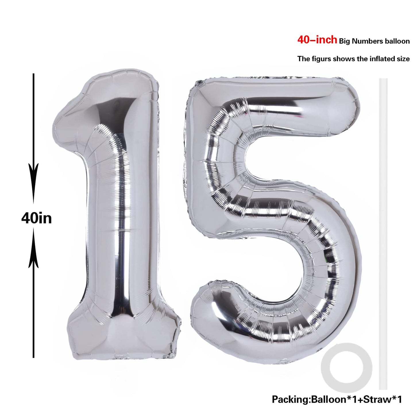 40 Inch Number 15 Balloon Silver Jumbo Giant Big Large Number 15 Foil Mylar Silver Balloons 51Th Birthday Party Anniversary Deco