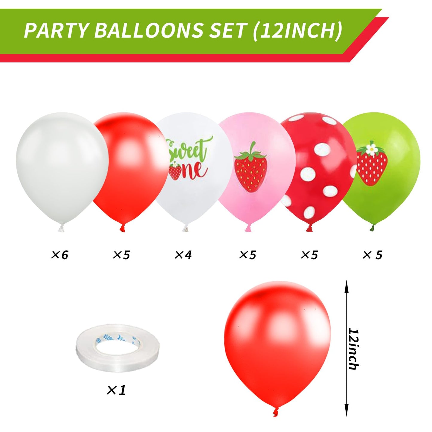 Strawberry Balloons, 12 Inch Strawberry Sweet One Party Balloons White Green Red Dots Balloons Strawberry Theme Party For Girls