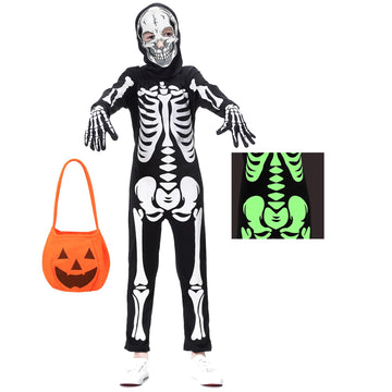 Yolsun Skeleton Costume For Kids Glow In The Dark Bone Skull Outfit For Halloween (Small, Black)