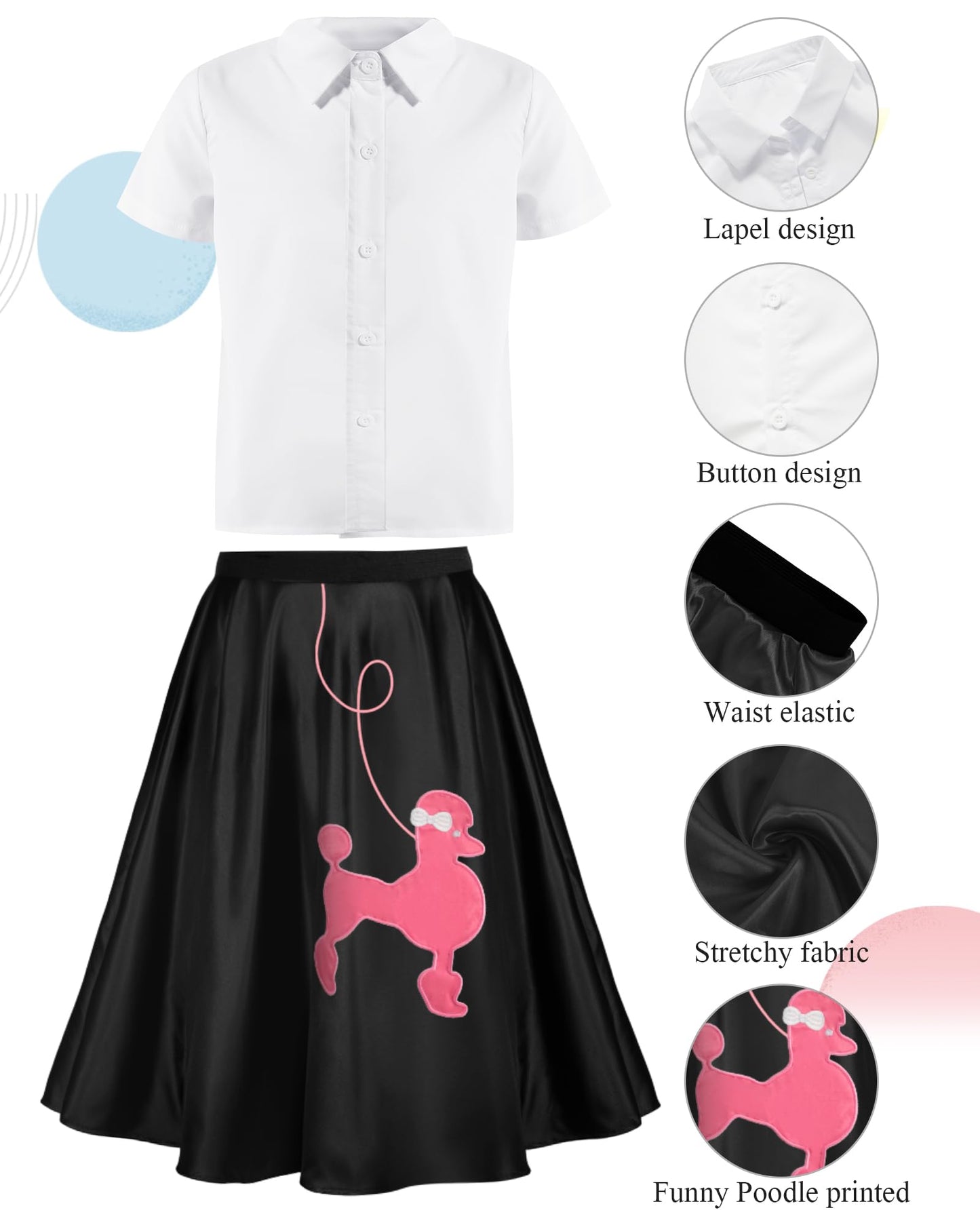 Silicherry 1950S Kids Poodle Skirt 50S Sock Hop Costume With Shirt Scarf Headband Earrings Glasses Socks(7-9 Years,Black)