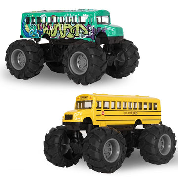 Crelloci School Bus Monster Truck Toy - 2 Pack Set Die Cast Yellow School Bus Toy, Pull Back Car Toys, Big Wheel Monster Truck P
