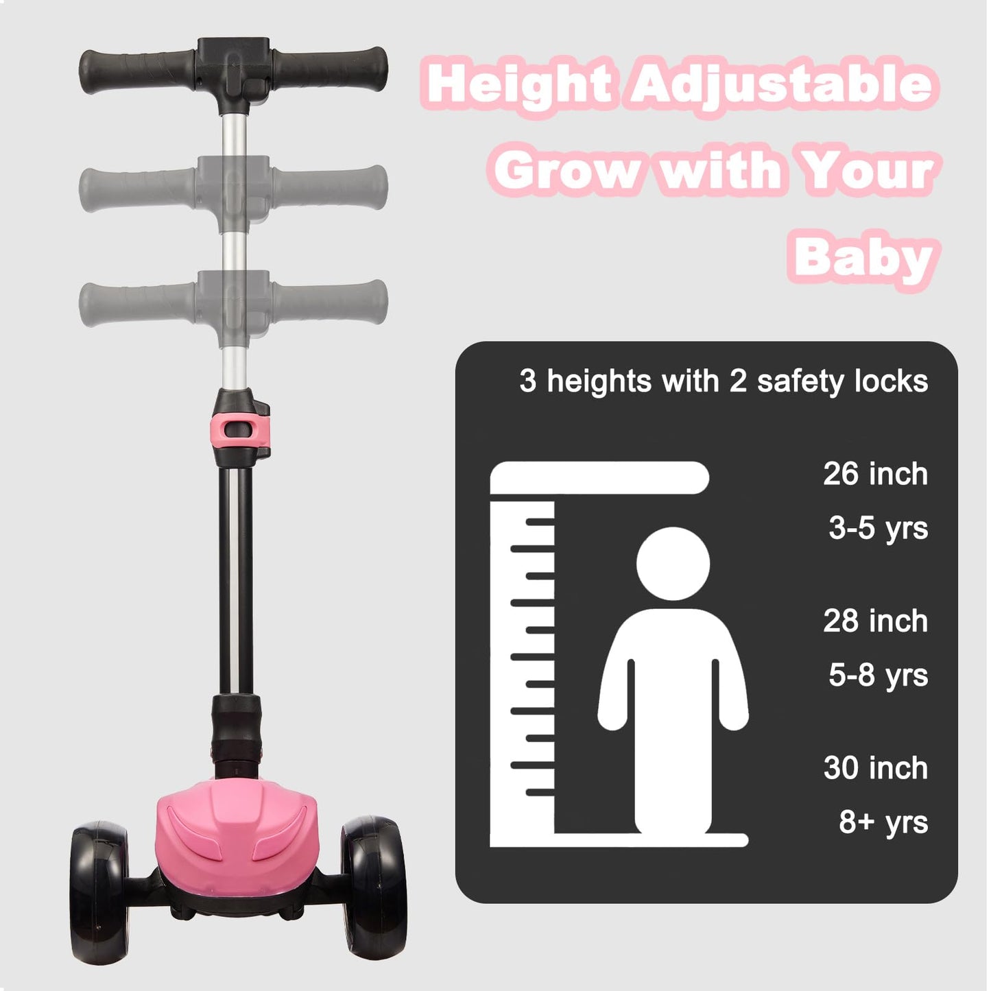 3 Wheel Electric Scooter for Kids Ages 3-8, LCD Display, Colorful Lights, Reliable Thumb Throttle, 3 Adjustable Height, 5Mph Saf