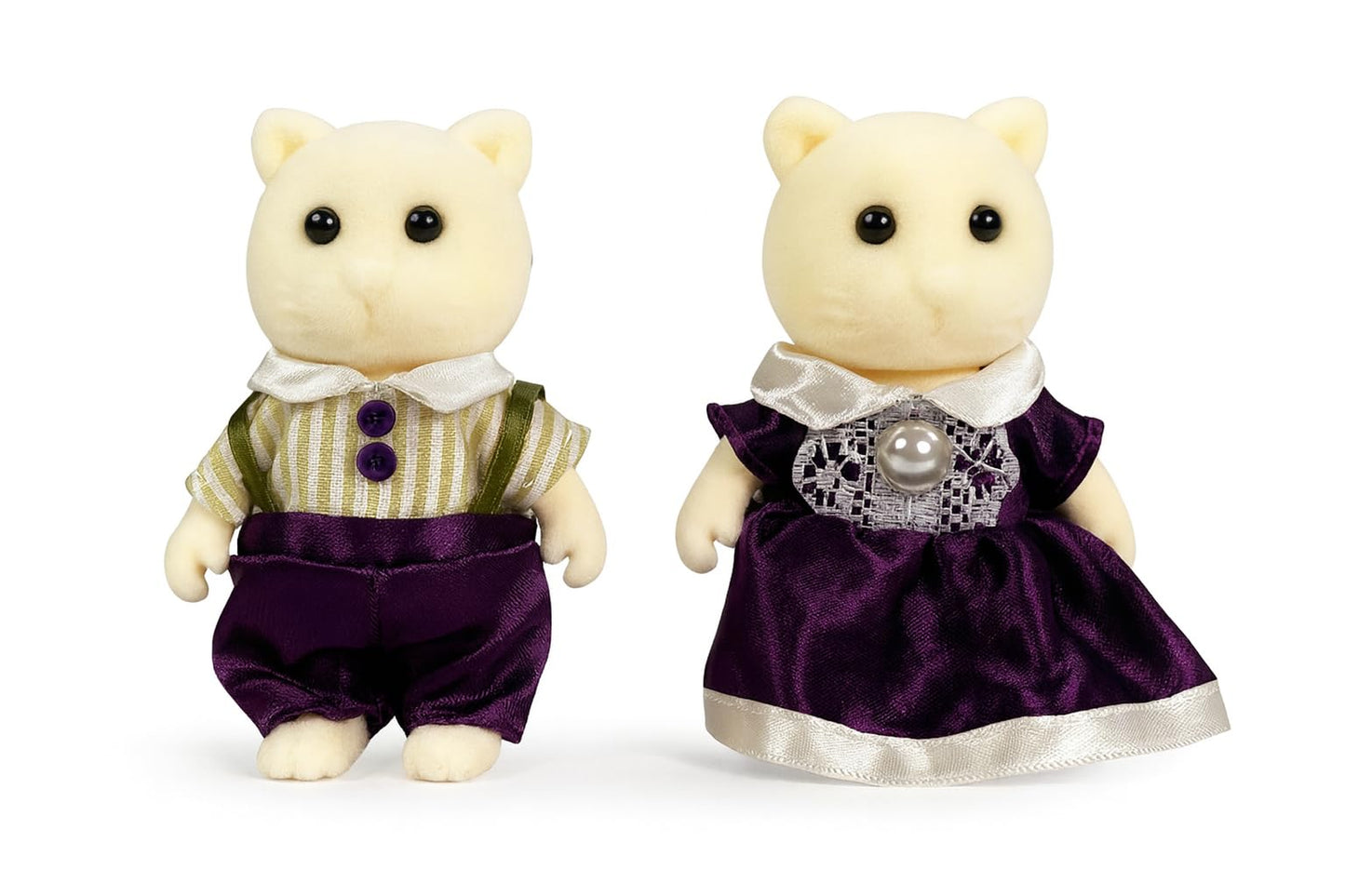 Oleoca Family Cream Cat Figures - Set Of 2 Collectible Flocked Mini Dolls With Removable Clothes, Miniature Dollhouse Pretend Pl