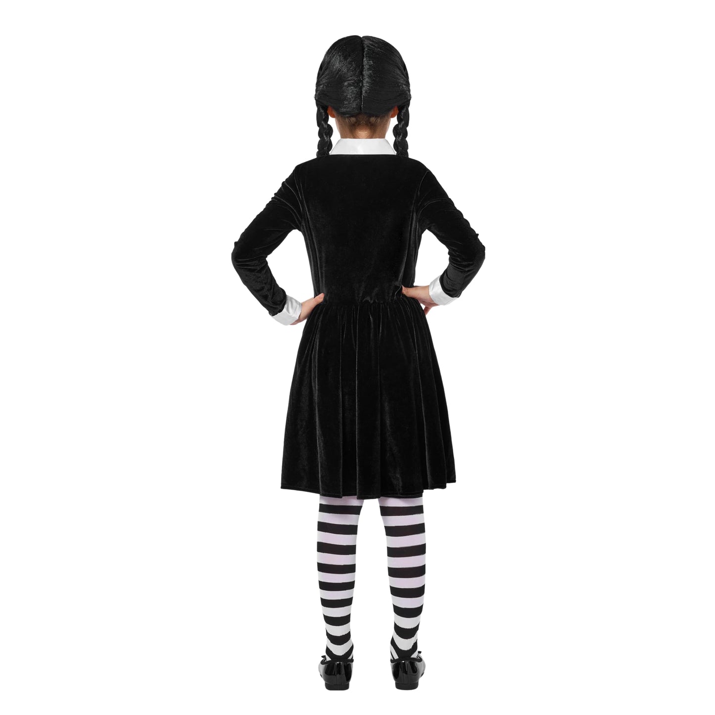 Spooktacular Creations Girls Collar Black Dress, School Girl Costume With Wig, Long Sleeve Velvet Skater Dress For Kids Toddler Halloween, Cosplay Themed Party (Medium, 8-10 Yrs)