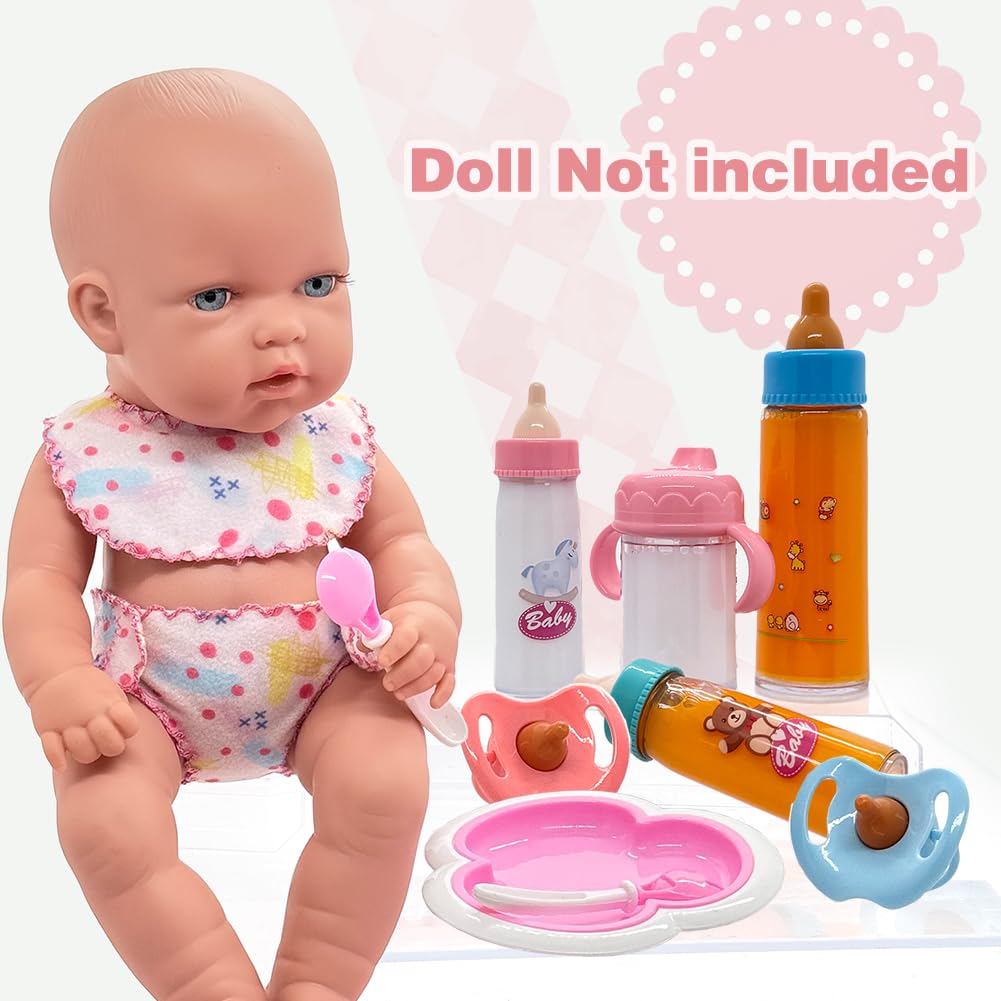 Baby Doll Accessories Magic Bottle Set - 11 Pieces Doll Feeding Pretend Playset With Disappearing Milk & Juice Bottles, Pacifier