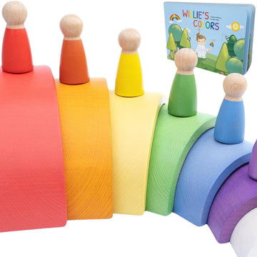 Montessori Nesting Rainbow Toy: Open-Ended Wooden Stacking Set With Arches, Peg Dolls & Story Book For Emotional Intelligence & 