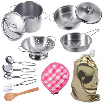 Mini Stainless-Steel Kitchen Toys, Tiny Size Pretend Cooking Utensils Toys For Kids, Cookware Pots And Pans Play Set With Cookin