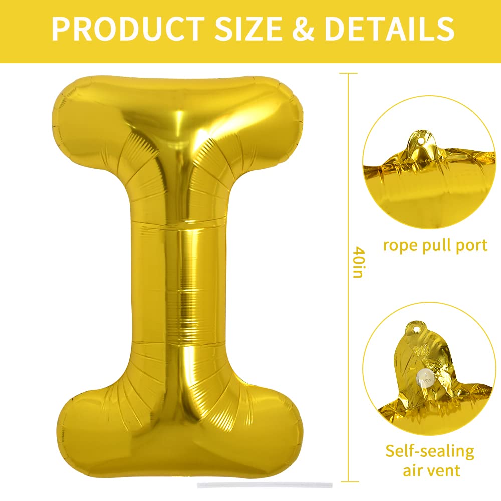 Toniful 40 Inch Large Gold Letter I Balloons Helium Balloons,Foil Mylar Big Balloons For Birthday Party Anniversary Supplies Dec