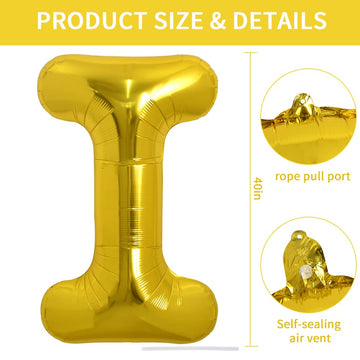 Toniful 40 Inch Large Gold Letter I Balloons Helium Balloons,Foil Mylar Big Balloons For Birthday Party Anniversary Supplies Dec