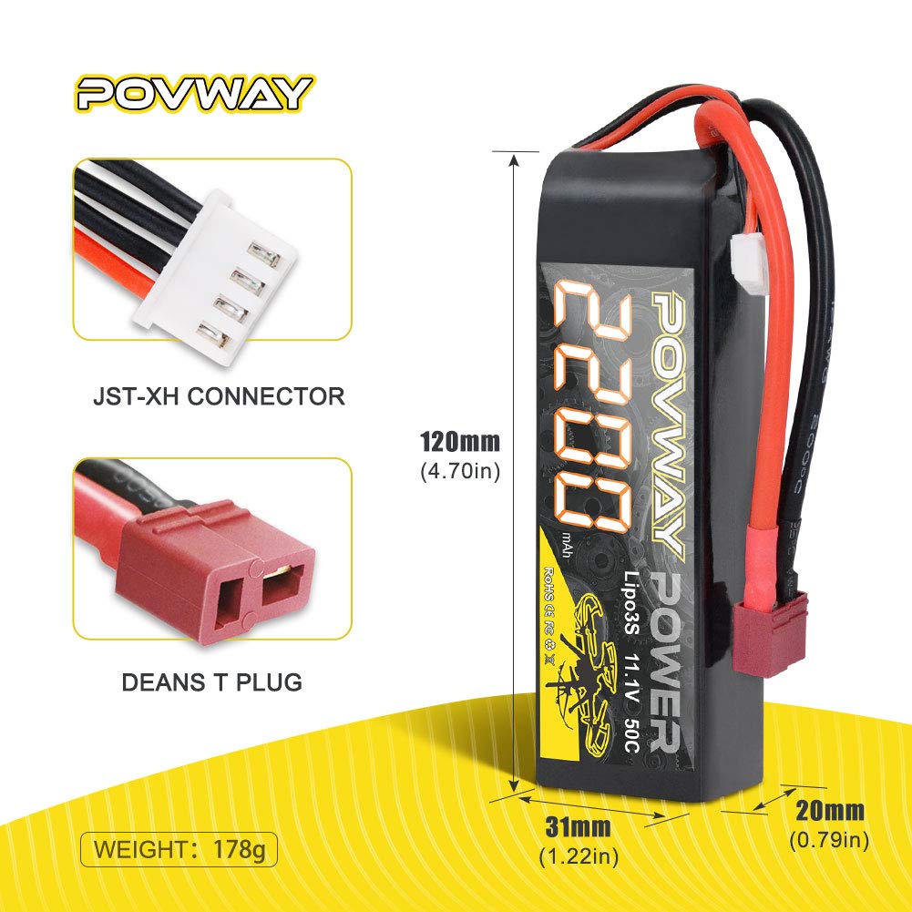 3S 2200mAh LiPo Battery POVWAY 11.1 V 50C RC Battery with T Plug Compatible RC Airplane, RC Helicopter,Drone ect.
