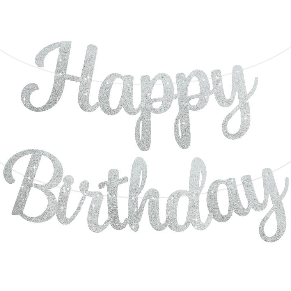 Beishida Silver Happy Birthday Banner - No Diy,10Feet,Pre-Strung-Glitter Happy Birthday Sign, Happy Birthday Garland,Happy Birth