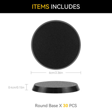 30PCS 60mm/2.36inch Textured Plastic Black Round Miniature Bases, Model Base for Gaming Miniatures or Wargames Table Top Games