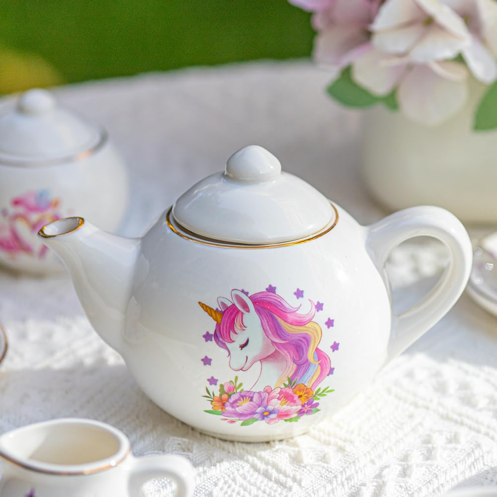 Tacobear Porcelain Tea Set for Girls Toys Unicorn Gift, 13pcs Tea Party Set with Teapot & Cup & Saucer & Suitcase, Kid Kitchen P