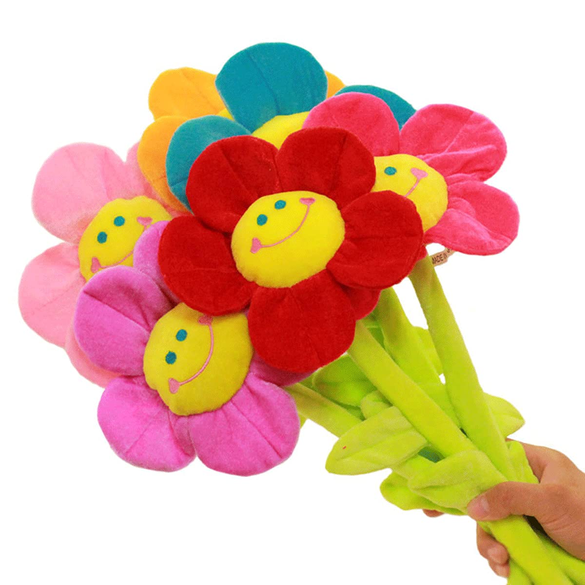 Colorful Plush Flower Bouquet with Bendable Stems, Happy Smiley Face Sunflower Plushie Gift for Kids, Baby Girls & Toddlers (Pin
